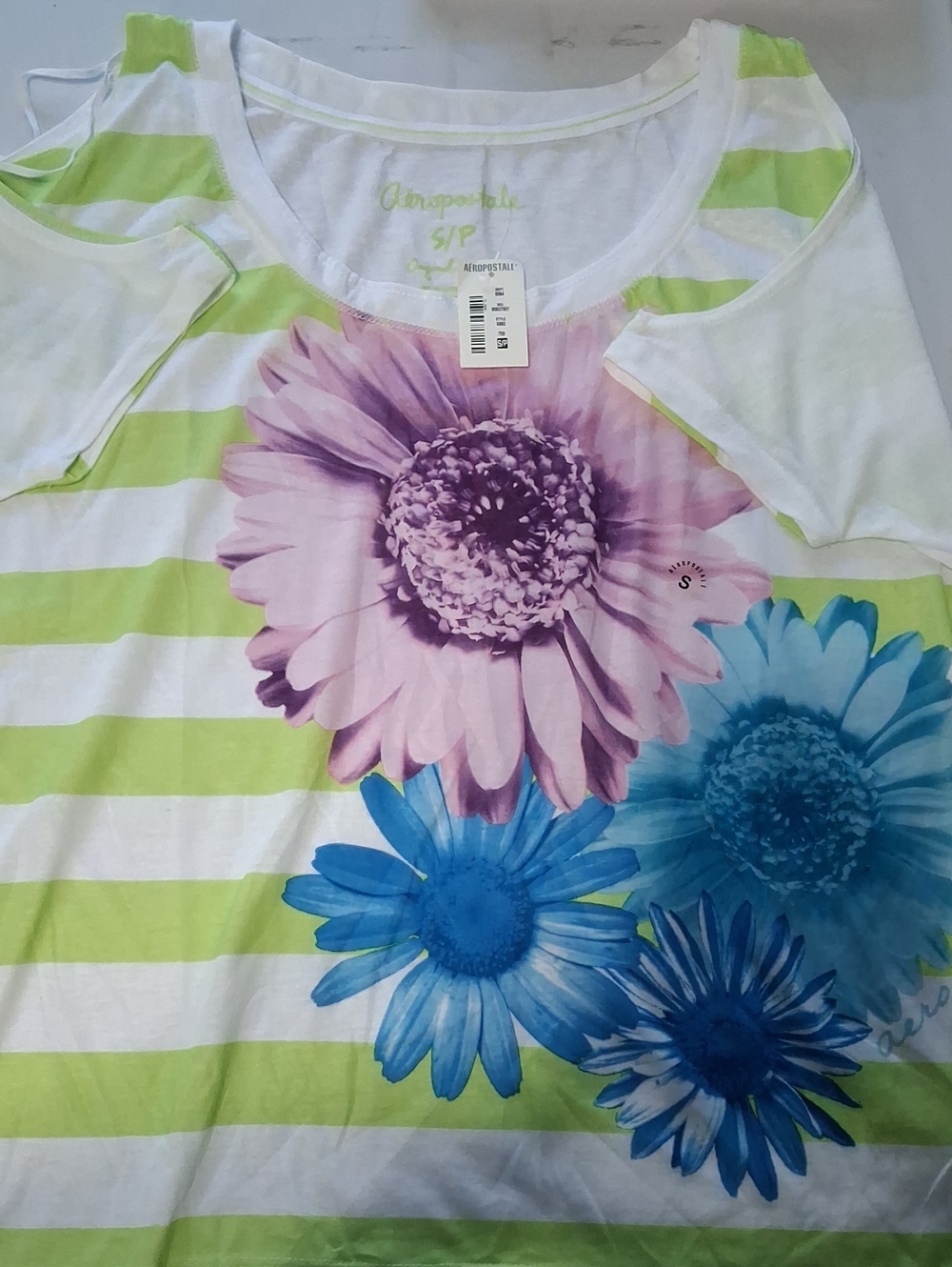 Aeropostale White Tee with Neon Lime Logo and Pink Tie-Dye Hem